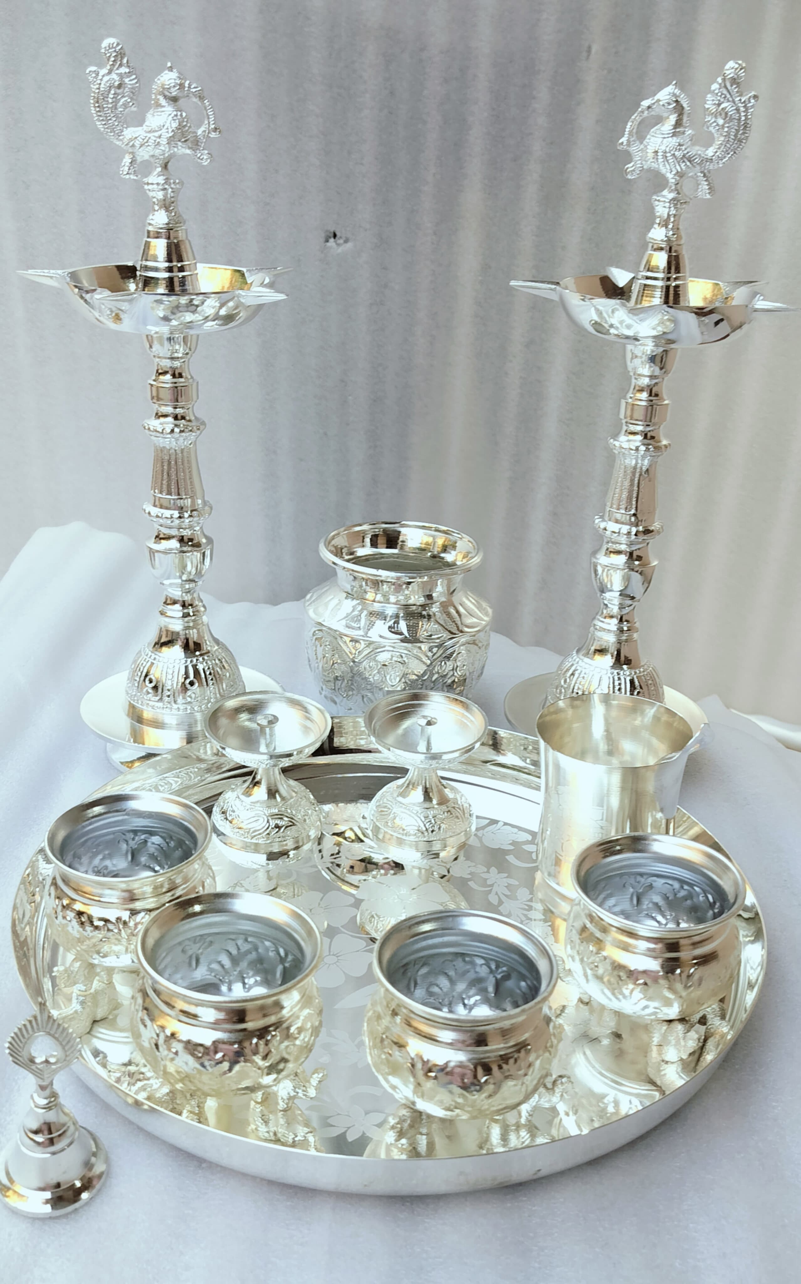 German silver pooja set with long peacock diya 12 pieces set for housewarming/ diwali